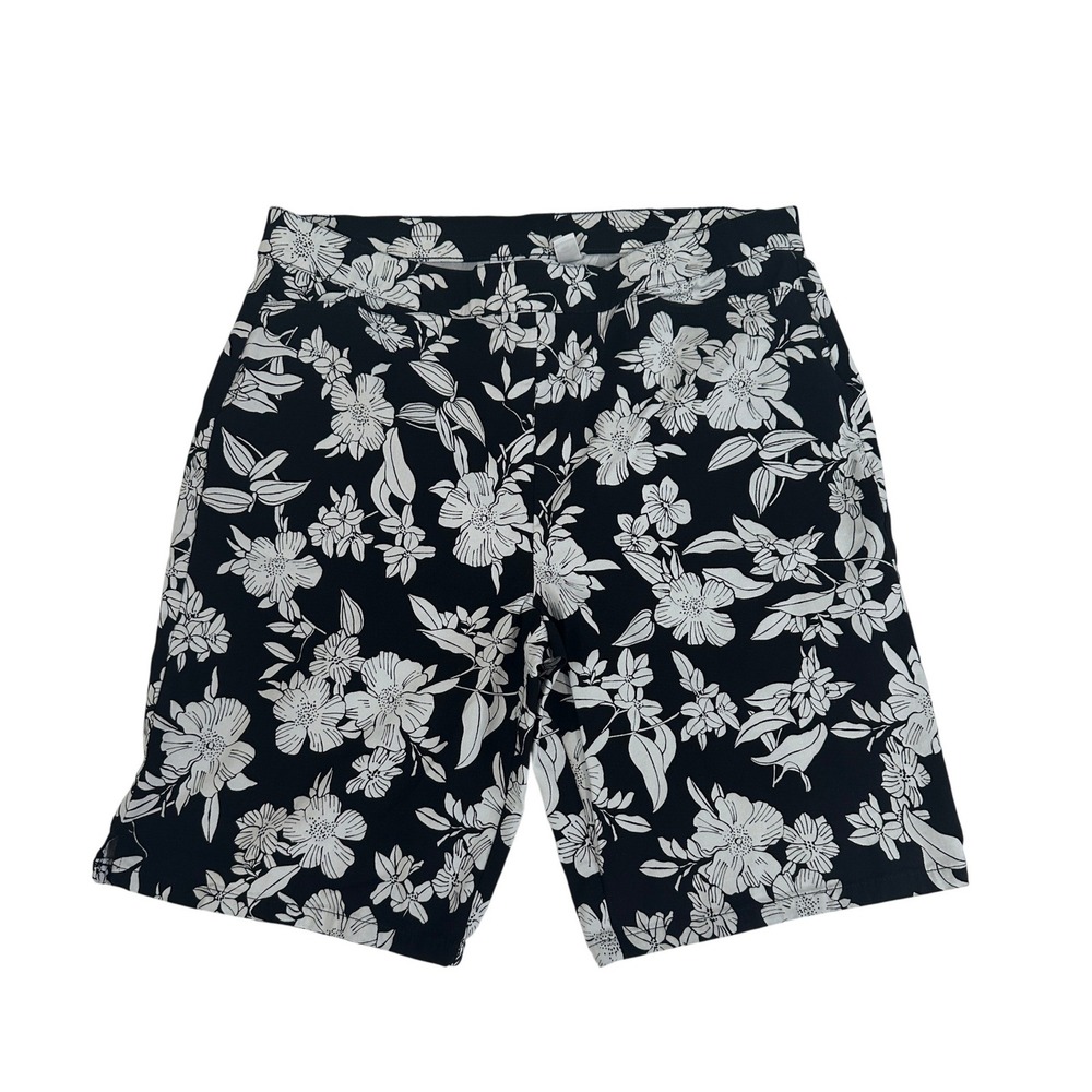 Susan‎ Graver Womens Black White Floral Bermuda Shorts Stretch Pull On Size 14